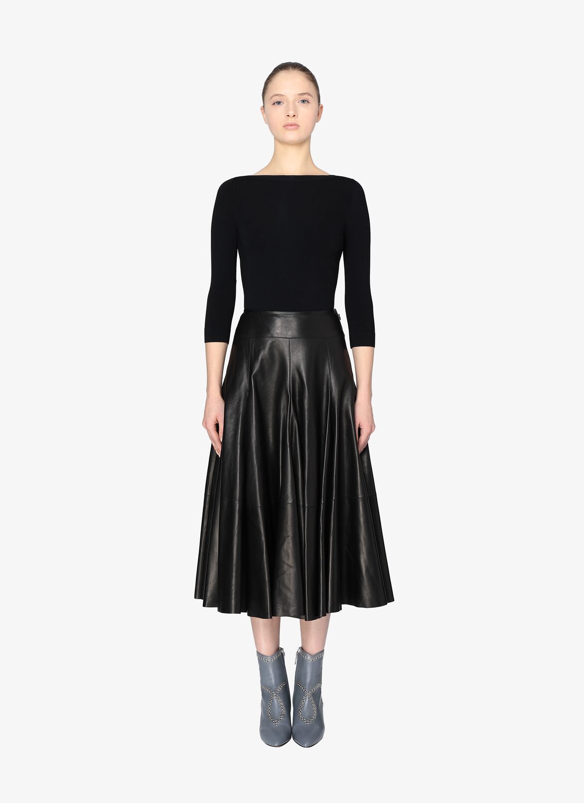 Long Flared Leather Skirt ALAÏA BLACK LONG FLARED LEATHER SKIRT